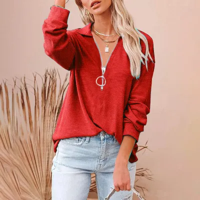 S-5XL Women Solid Color Loose Fit Rib-knit V Neck Pullover Top