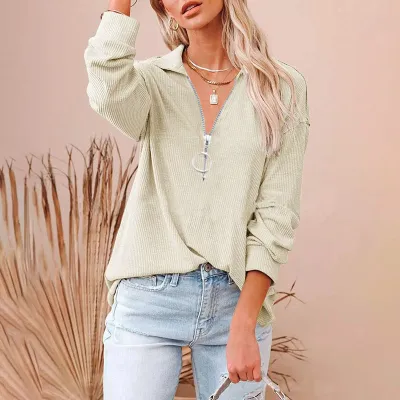 S-5XL Women Solid Color Loose Fit Rib-knit V Neck Pullover Top