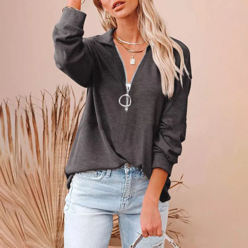 S-5XL Women Solid Color Loose Fit Rib-knit V Neck Pullover Top