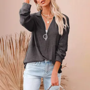 S-5XL Women Solid Color Loose Fit Rib-knit V Neck Pullover Top