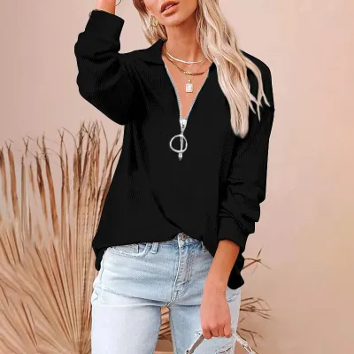 S-5XL Women Solid Color Loose Fit Rib-knit V Neck Pullover Top