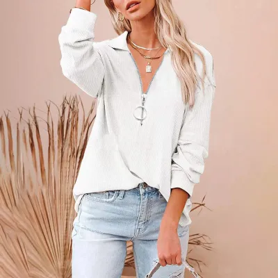 S-5XL Women Solid Color Loose Fit Rib-knit V Neck Pullover Top
