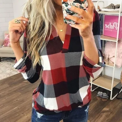 S-5XL Women Casual Plaid Printed V-Neck Blouse