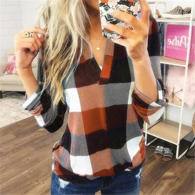 S-5XL Women Casual Plaid Printed V-Neck Blouse