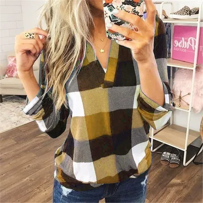 S-5XL Women Casual Plaid Printed V-Neck Blouse