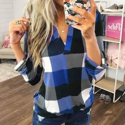 S-5XL Women Casual Plaid Printed V-Neck Blouse
