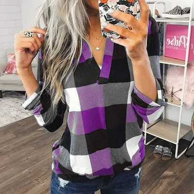 S-5XL Women Casual Plaid Printed V-Neck Blouse