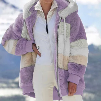 S-5XL Women Casual Color Block Loose Hooded Plush Coat