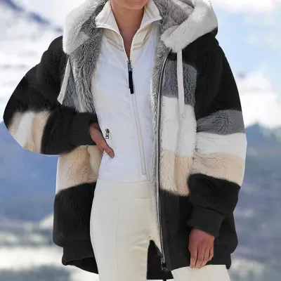 S-5XL Women Casual Color Block Loose Hooded Plush Coat