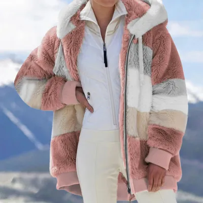 S-5XL Women Casual Color Block Loose Hooded Plush Coat