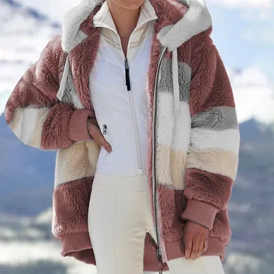 S-5XL Women Casual Color Block Loose Hooded Plush Coat