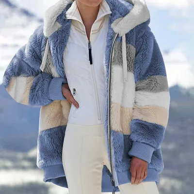 S-5XL Women Casual Color Block Loose Hooded Plush Coat