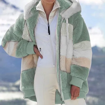 S-5XL Women Casual Color Block Loose Hooded Plush Coat