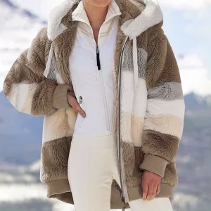 S-5XL Women Casual Color Block Loose Hooded Plush Coat