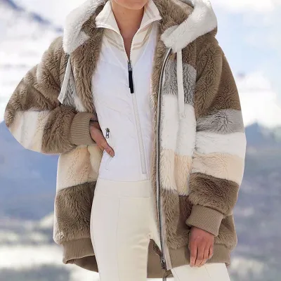 S-5XL Women Casual Color Block Loose Hooded Plush Coat