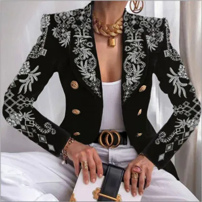 S-5XL Women Sweet Style Graphic Printing Lapel Blazer
