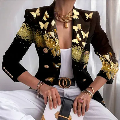 S-5XL Women Sweet Style Graphic Printing Lapel Blazer