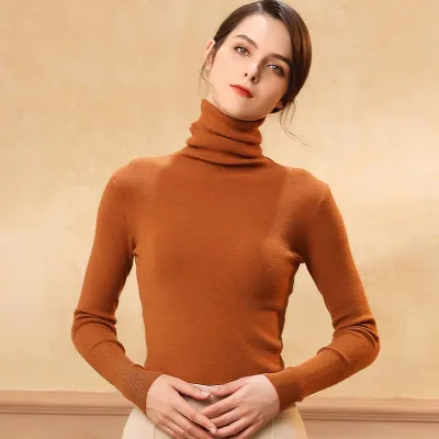 S-2XL Women Casual Turtleneck Solid Color Long Sleeve Knitwear Pullover