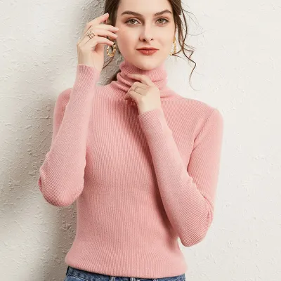 S-2XL Women Casual Turtleneck Solid Color Long Sleeve Knitwear Pullover