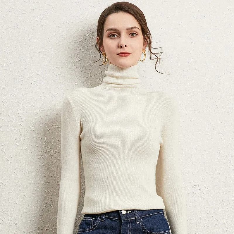 S-2XL Women Casual Turtleneck Solid Color Long Sleeve Knitwear Pullover