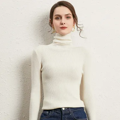 S-2XL Women Casual Turtleneck Solid Color Long Sleeve Knitwear Pullover