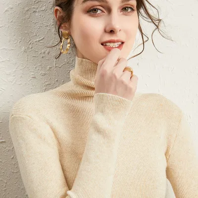 S-2XL Women Casual Turtleneck Solid Color Long Sleeve Knitwear Pullover