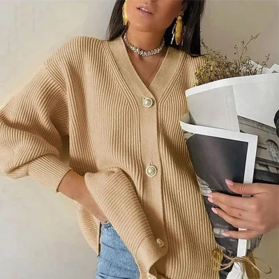 Women Casual Solid Color Loose Fit V-Neck Cardigan