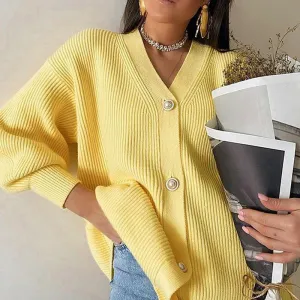 Women Casual Solid Color Loose Fit V-Neck Cardigan