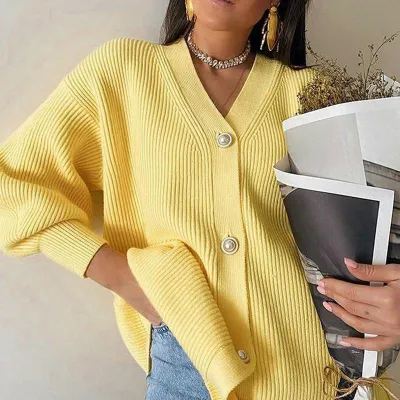 Women Casual Solid Color Loose Fit V-Neck Cardigan