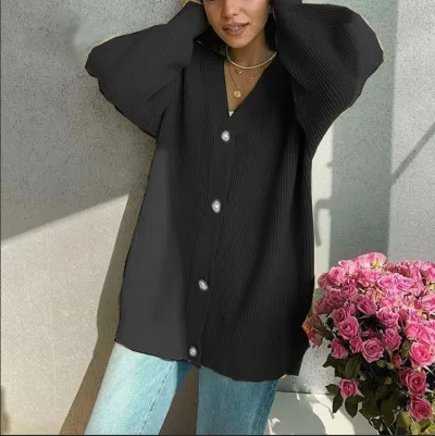 Women Casual Solid Color Loose Fit V-Neck Cardigan