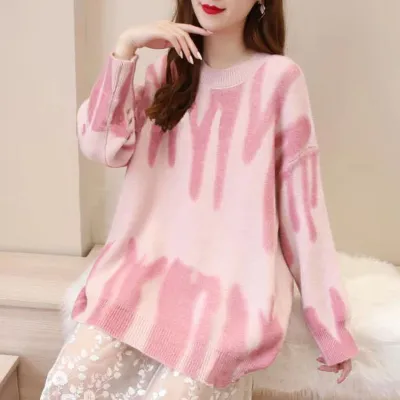 Women Casual Color Blocking Crew Neck Long Sleeve Loose Knitwear Pullover