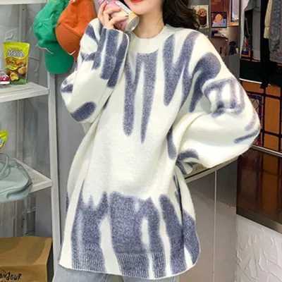 Women Casual Color Blocking Crew Neck Long Sleeve Loose Knitwear Pullover