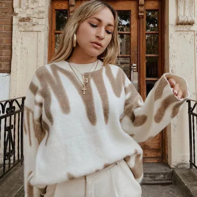 Women Casual Color Blocking Crew Neck Long Sleeve Loose Knitwear Pullover