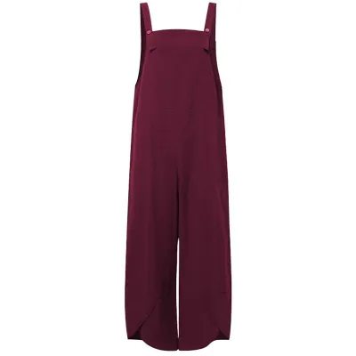 M-5XL Women Solid Color Loose Pattern Casual Suspender Trousers