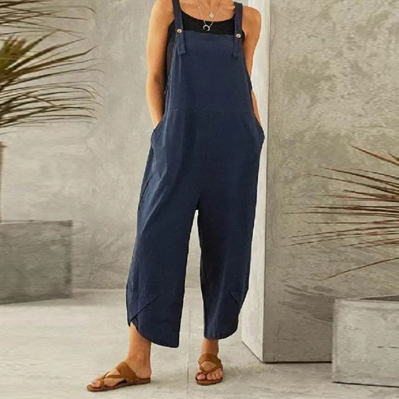 M-5XL Women Solid Color Loose Pattern Casual Suspender Trousers