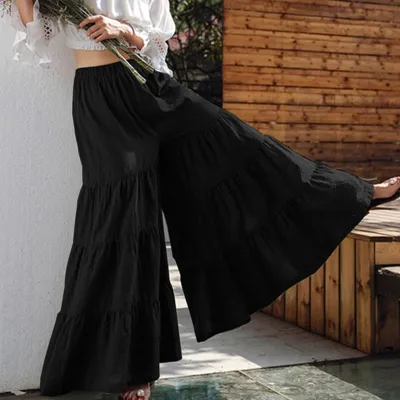 S-2XL Women Fashion Solid Color Loose Wide Leg Culottes Trousers