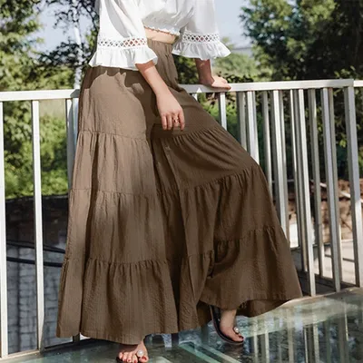 S-2XL Women Fashion Solid Color Loose Wide Leg Culottes Trousers