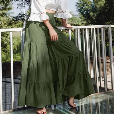 S-2XL Women Fashion Solid Color Loose Wide Leg Culottes Trousers