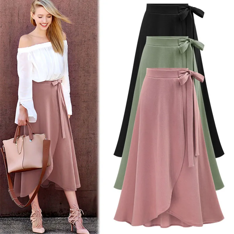 S-6XL Women Solid Color High Waist Irregular Hem Midi Skirt