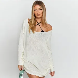 S-2XL Women Sexy Backless Solid Color Long Sleeve Knitwear Pullover