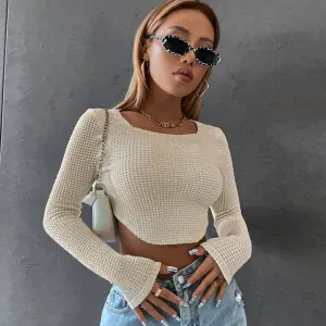 S-XL Women Casual Solid Color Square Collar Knitted Crop Top