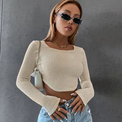 S-XL Women Casual Solid Color Square Collar Knitted Crop Top