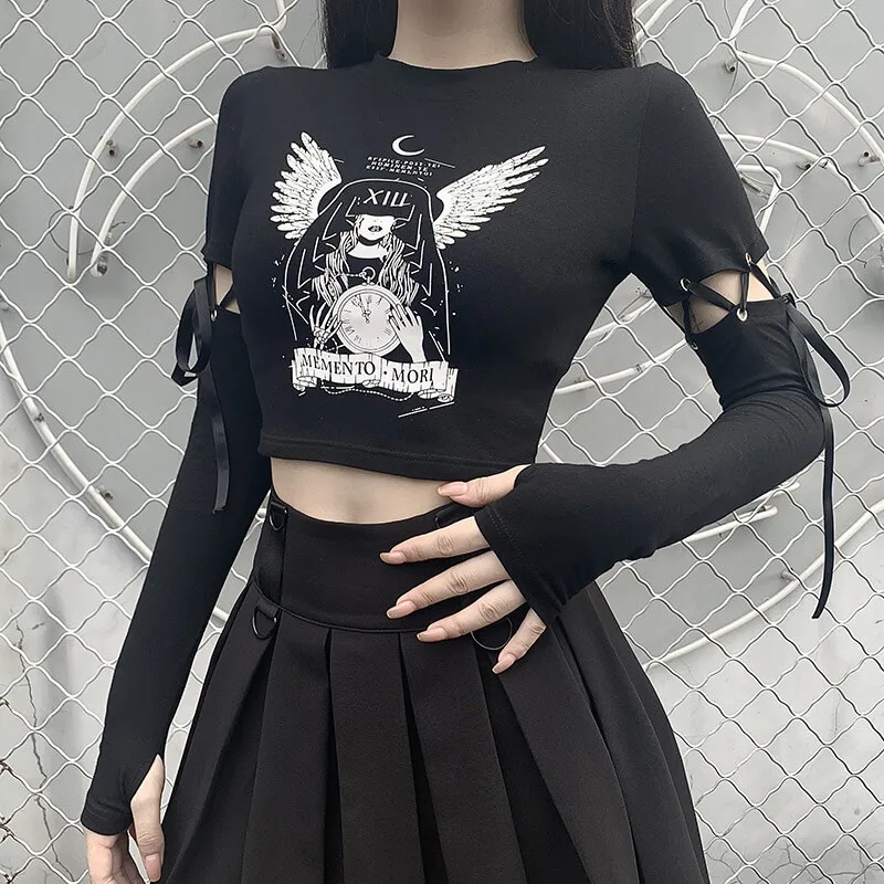 S-L Women Gothic Patchwork Long Sleeve Crop Top