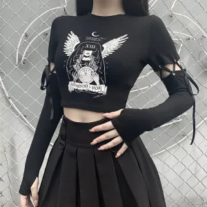 S-L Women Gothic Patchwork Long Sleeve Crop Top