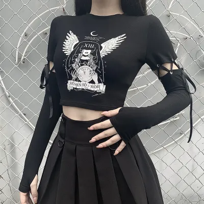 S-L Women Gothic Patchwork Long Sleeve Crop Top