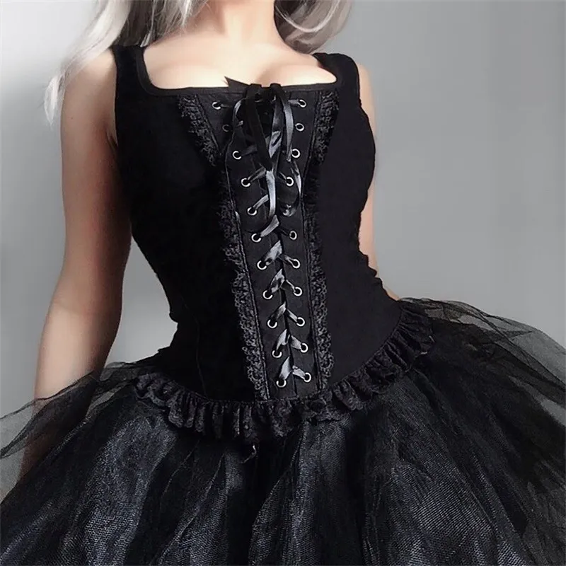 Women Gothic Square Neck Lace-up Tank Top