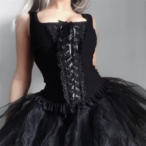 Women Gothic Square Neck Lace-up Tank Top