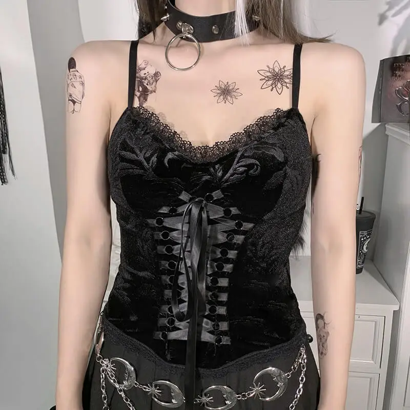 S-L Women Gothic Velvet Lace-Up Camisole Tank Top