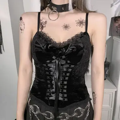 S-L Women Gothic Velvet Lace-Up Camisole Tank Top