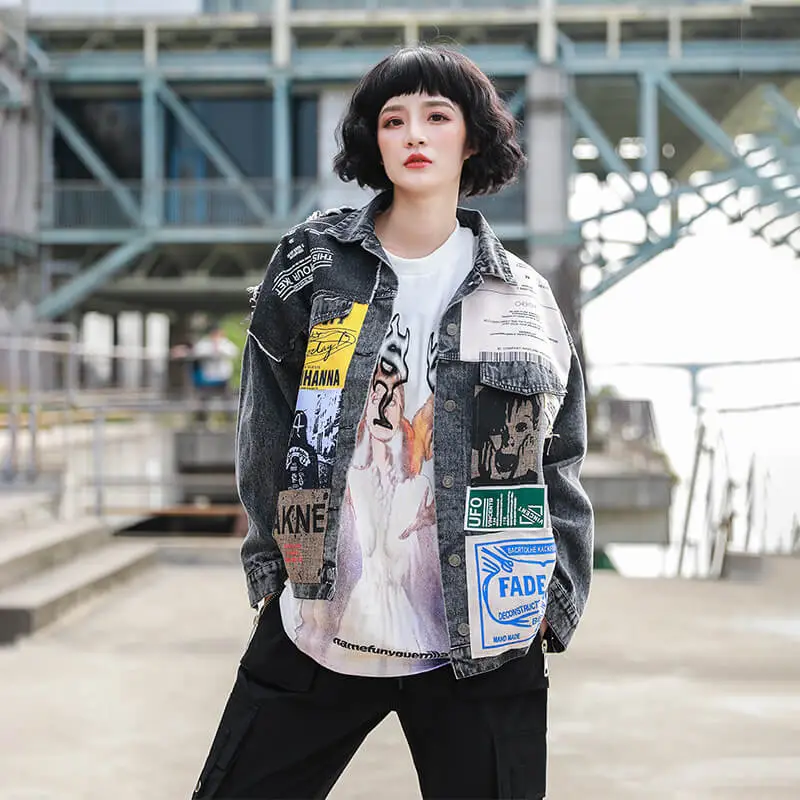 Women Fashion Newspaper Print Denim Jacket